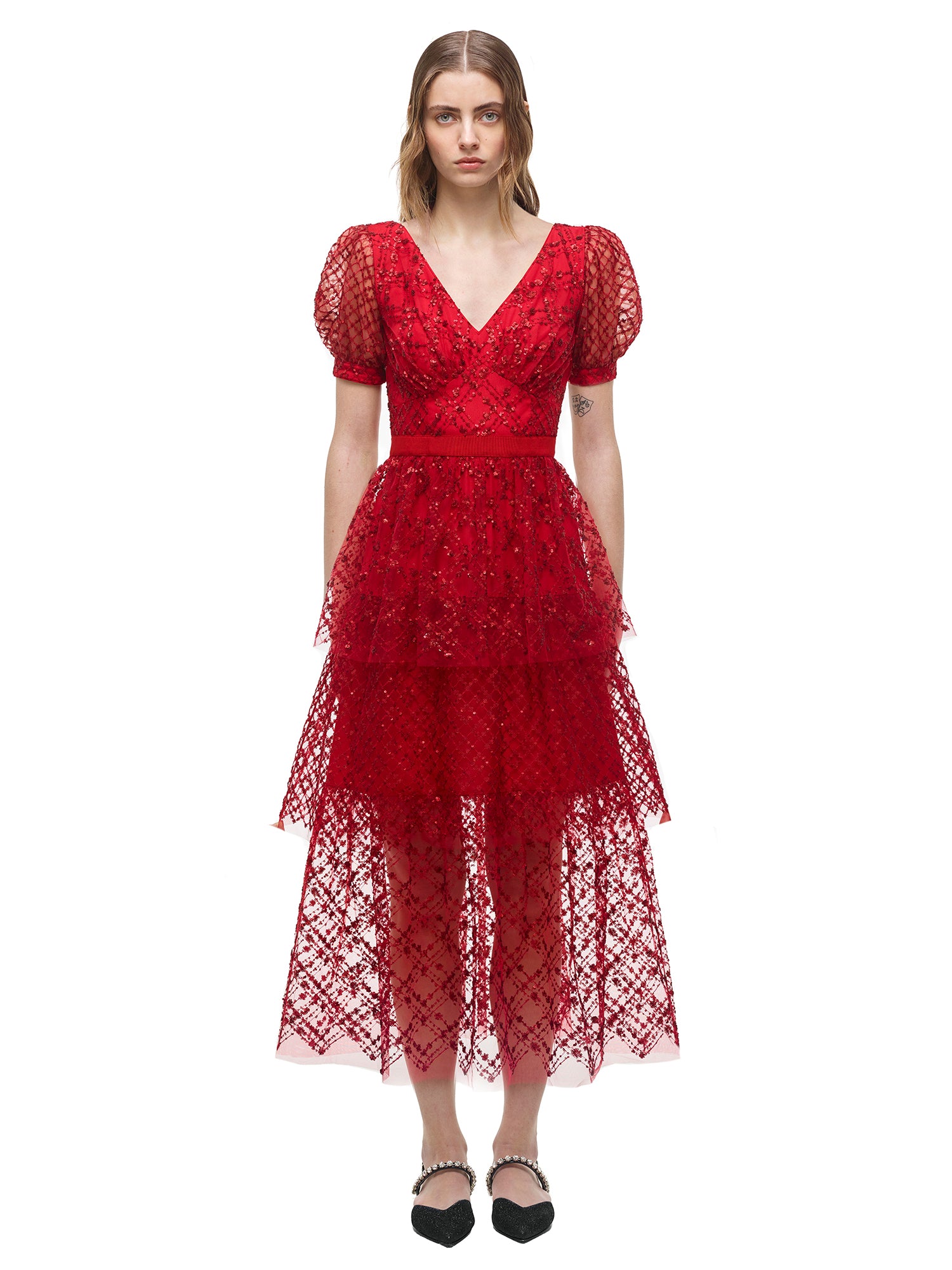 Red Sequin Midi Dress | self-portrait